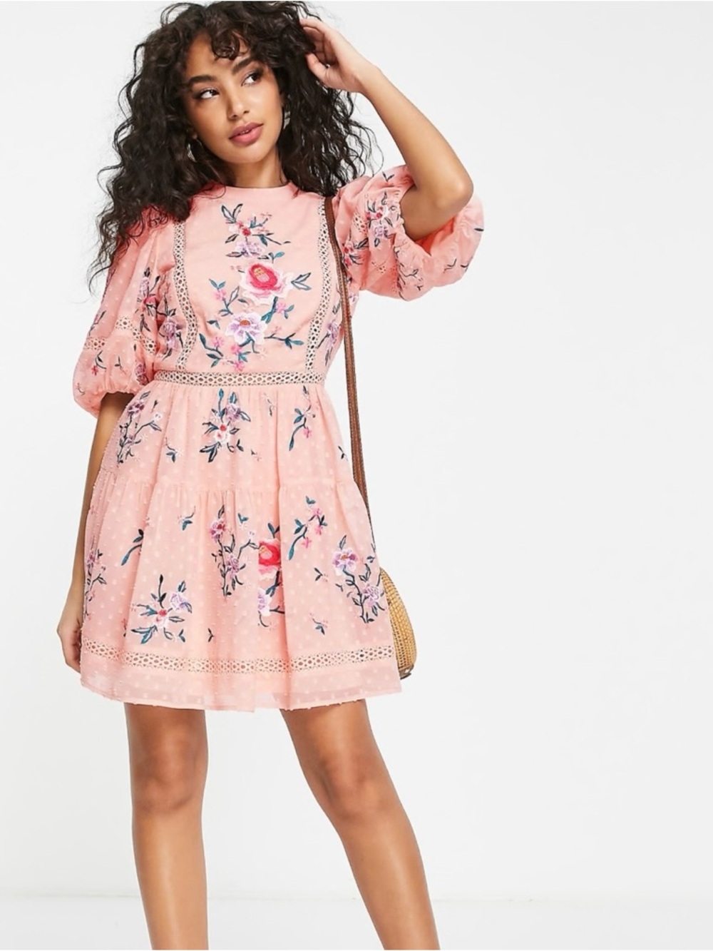 ASOS Petite Embroidered Floral Pink Mini Dress Size 6 Feminine Wedding Elegant